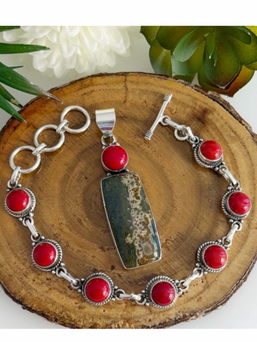 Southwest Jewelry Set Ocean Jasper & Red Coral Pendant Coral Bracelet New 925